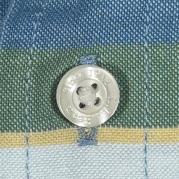 LL Bean Shirt Adult LARGE Blue Green Yellow Striped Fitted Stretch Outdoor - Picture 4 of 10